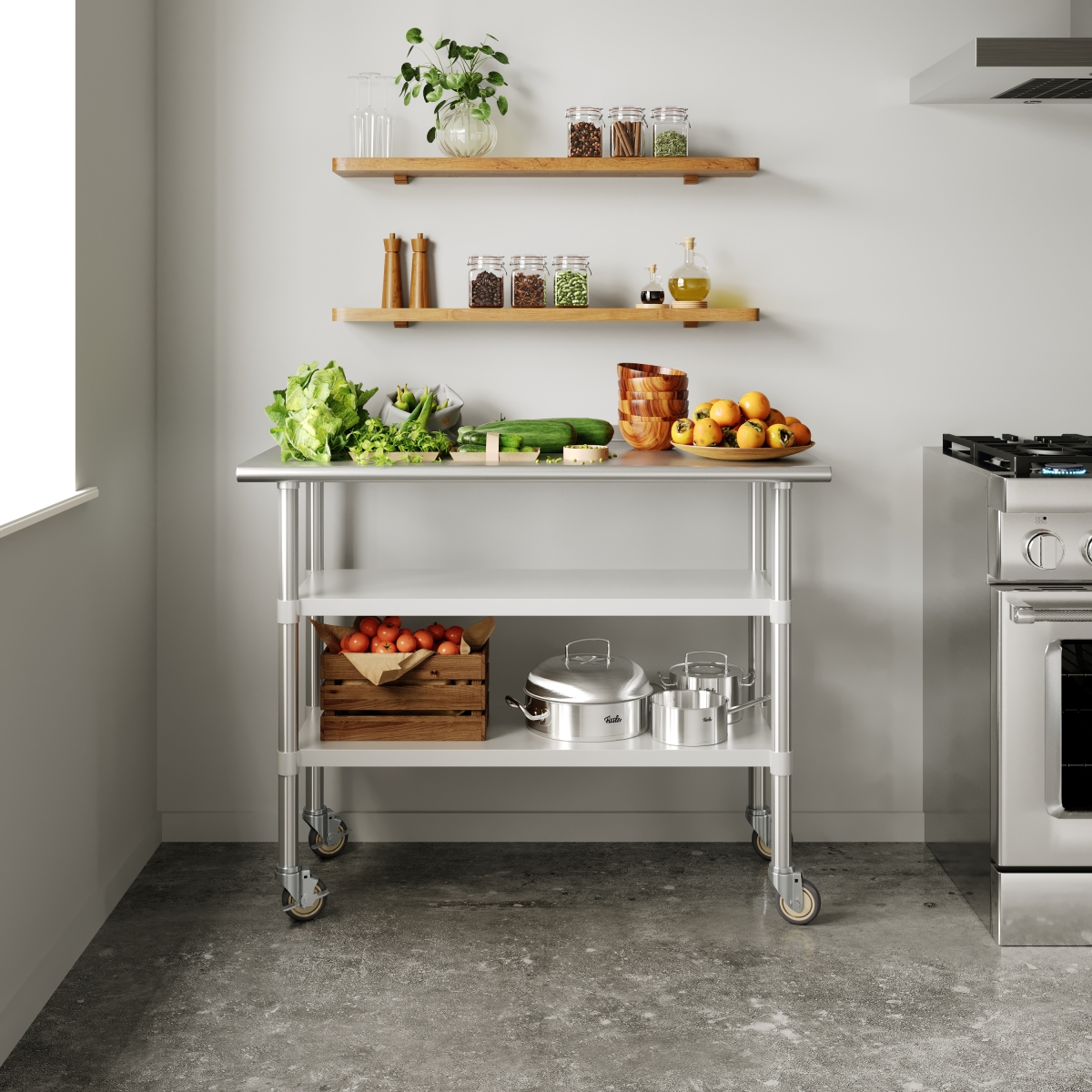 24 x 48 in. Rawcliffe NSF Certified Stainless Steel Prep & Work Table with 2 Galvanized Steel Undershelves & 4 Casters with 2 Locking