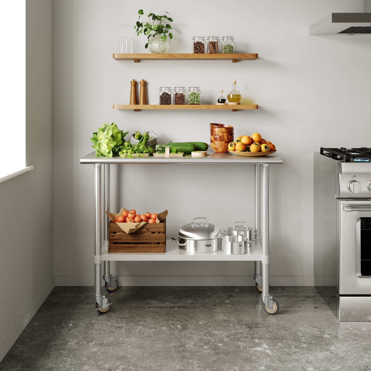 1.5 x 41.25 x 16.125 in. Rawcliffe Portable Prep & Work Table with NSF Certified 18 Gauge Stainless Steel Top Shelf & 2 Locking - Silver
