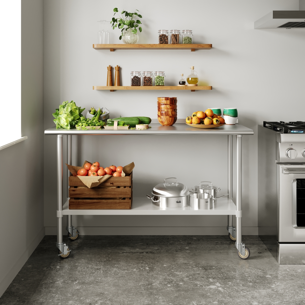 Reese Portable Preparation & Work Table - 18 Gauge Stainless Steel Top Shelf, Galvanized Steel Undershelf & 4 Casters with 2 Locking