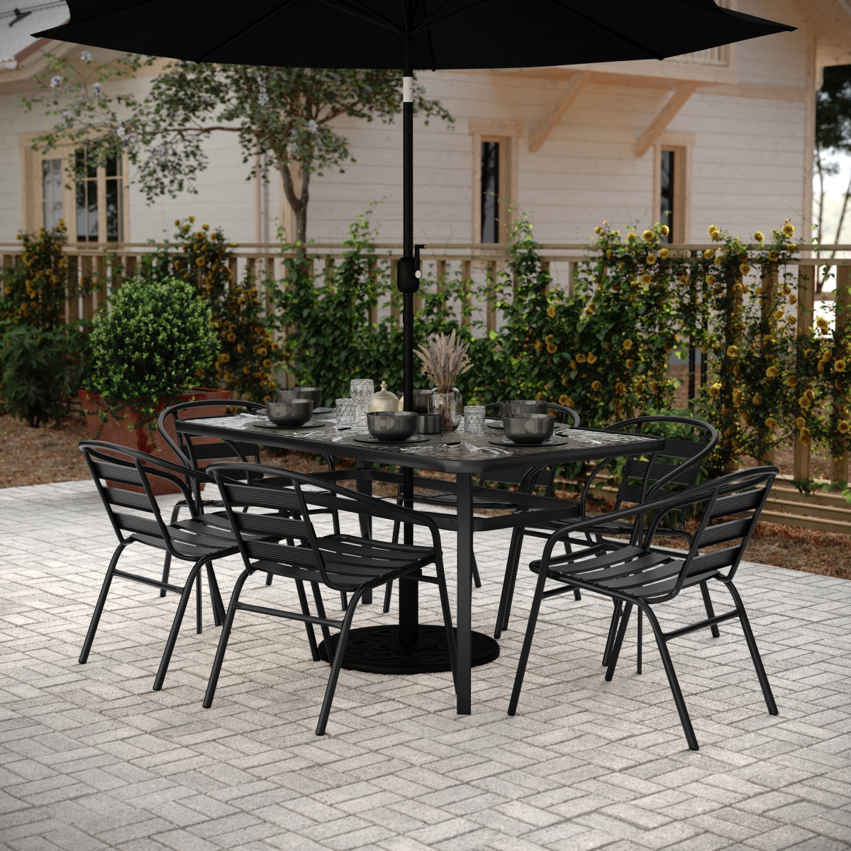 TLH-94B-017CBK-GG Lila 7 Piece Commercial Outdoor Patio Dining Set with 60 in. Tempered Glass & Umbrella Hole, Clear