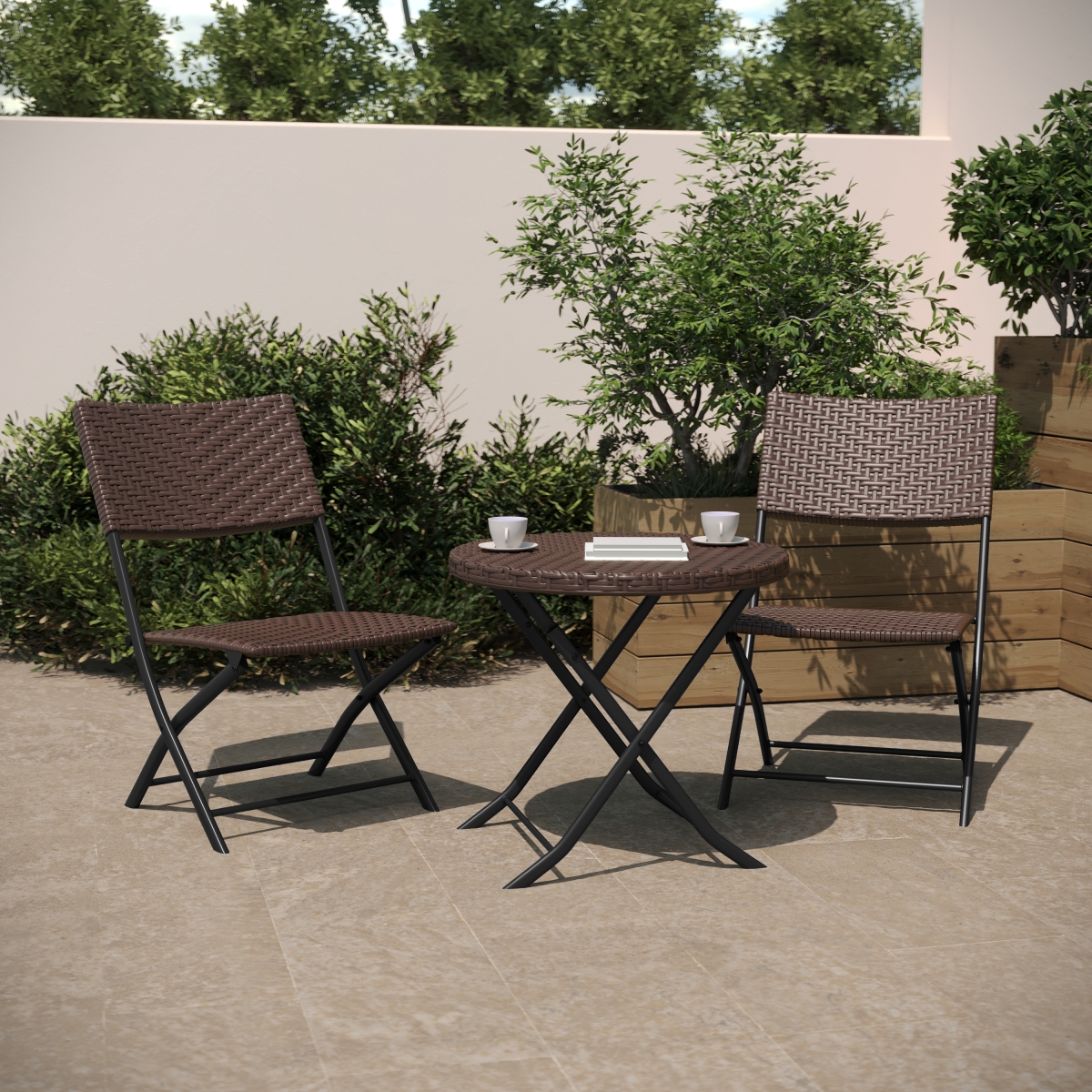 FV-FWA085-BRN-BLK-GG Rouen 3 Piece Commercial Grade Foldable Bistro Set with Black Steel Frame, Brown