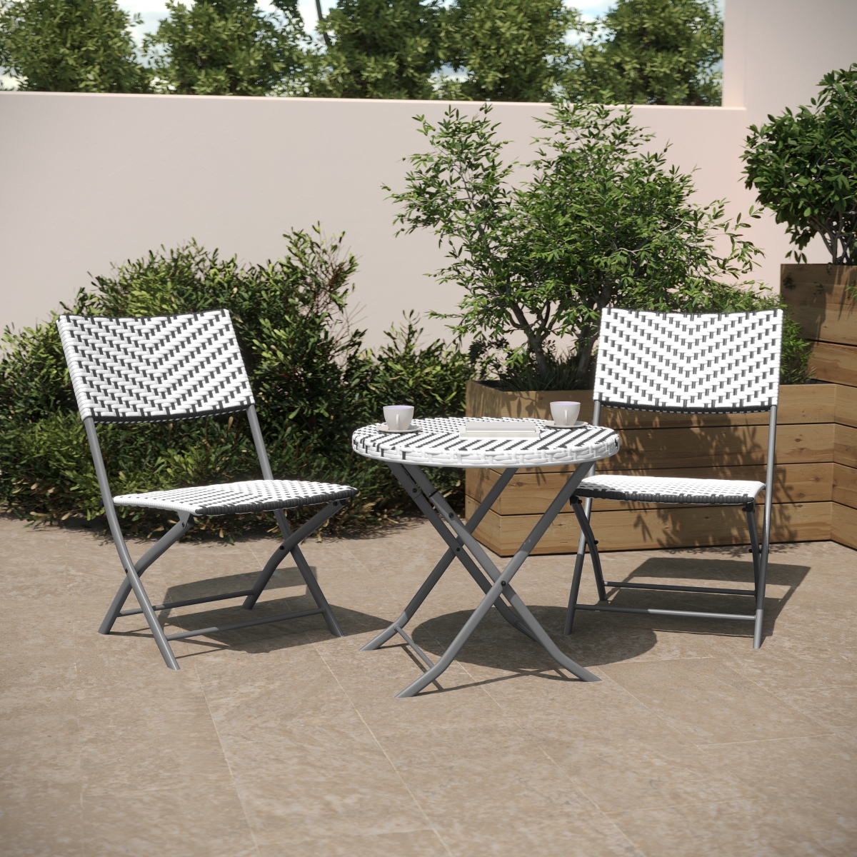 FV-FWA085-GRYWHT-GRY-GG Rouen 3 Piece Commercial Grade Foldable Bistro Set with Charcoal Steel Frame, Gray & White