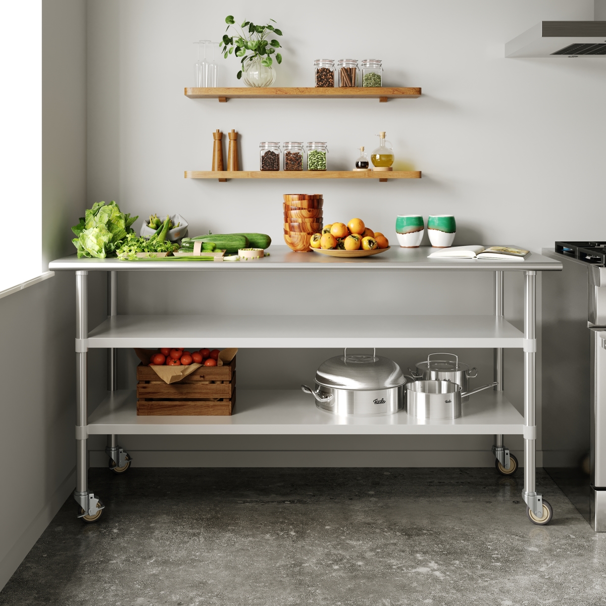 NH-WT-GU-3072-CAS-GG 30 x 72 in. Reader NSF Certified Stainless Steel Prep & Work Table with 2 Galvanized Steel Undershelves, Silver