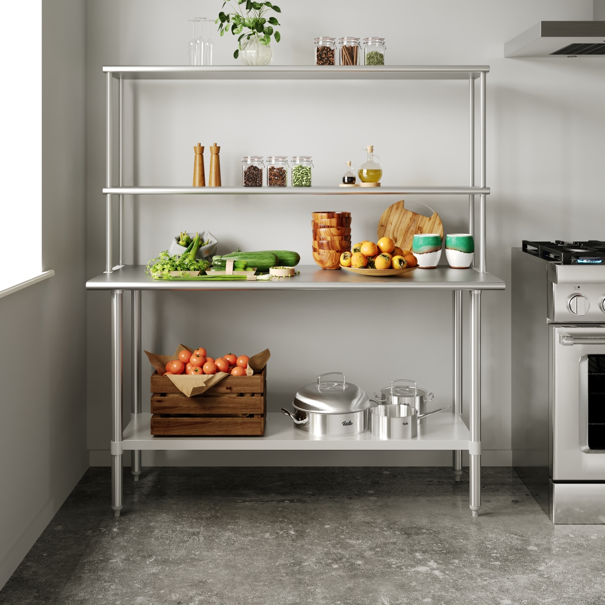 NH-WT-2460-OSH-GG Reese Portable Preparation & Work Table - 18 Gauge Stainless Steel Top Shelf & Double Over Shelves & Galvanized Steel Undershelf
