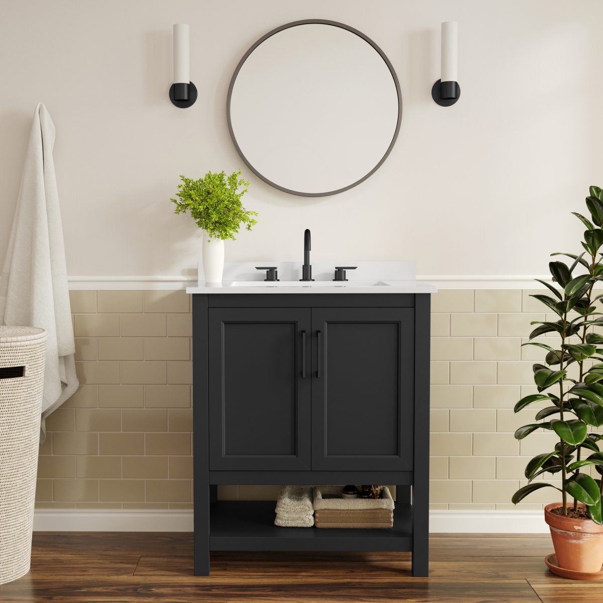 FS-VEGA30-BK-HDBLK-GG 30 in. Vega Bathroom Vanity with Sink Storage Cabinet, Black & White