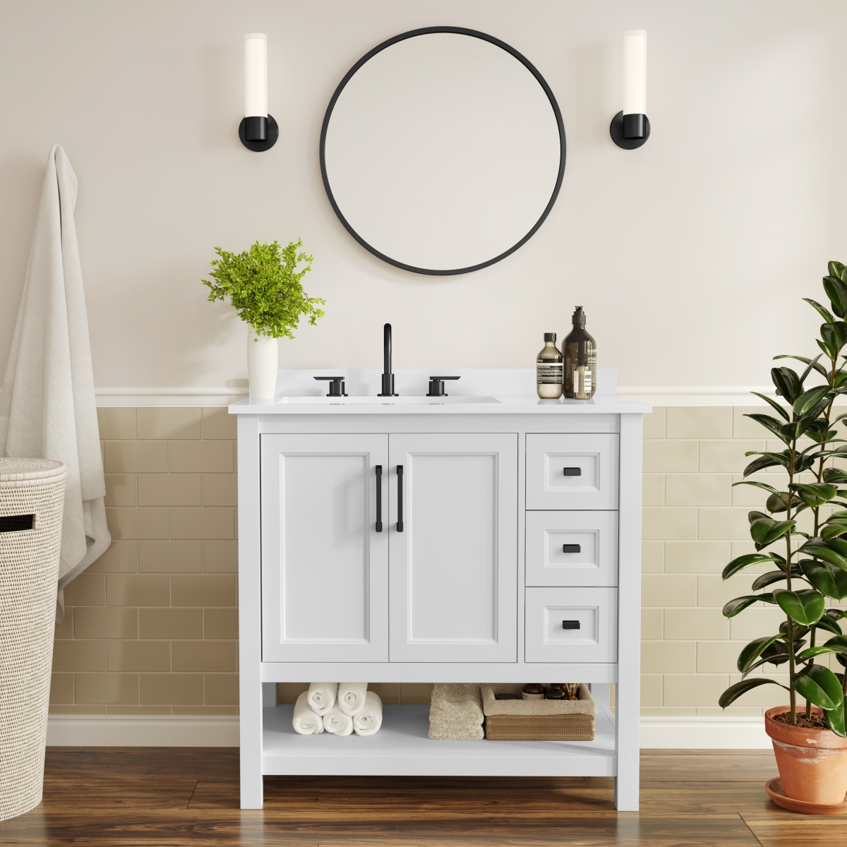 FS-VEGA36-KD-WH-HDBLK-GG 36 in. Vega Bathroom Vanity with Sink Cabinet & Black Hardware, White