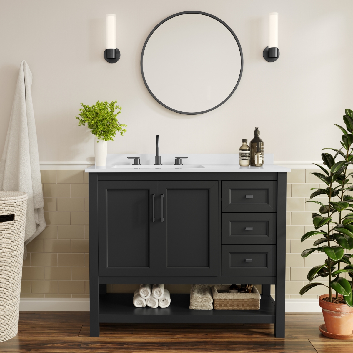 FS-VEGA42-BK-HDBLK-GG 42 in. Vega Bathroom Vanity with Sink Cabinet & Hardware, Black & White