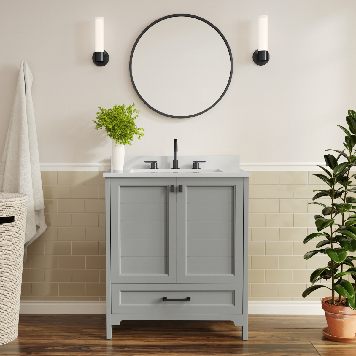 Flash Furniture - Haven 30" Bathroom Vanity with Sink, Storage Cabinet with Black Hardware, Soft Close Doors and Bottom Drawer, Carrara Ma - Gray
