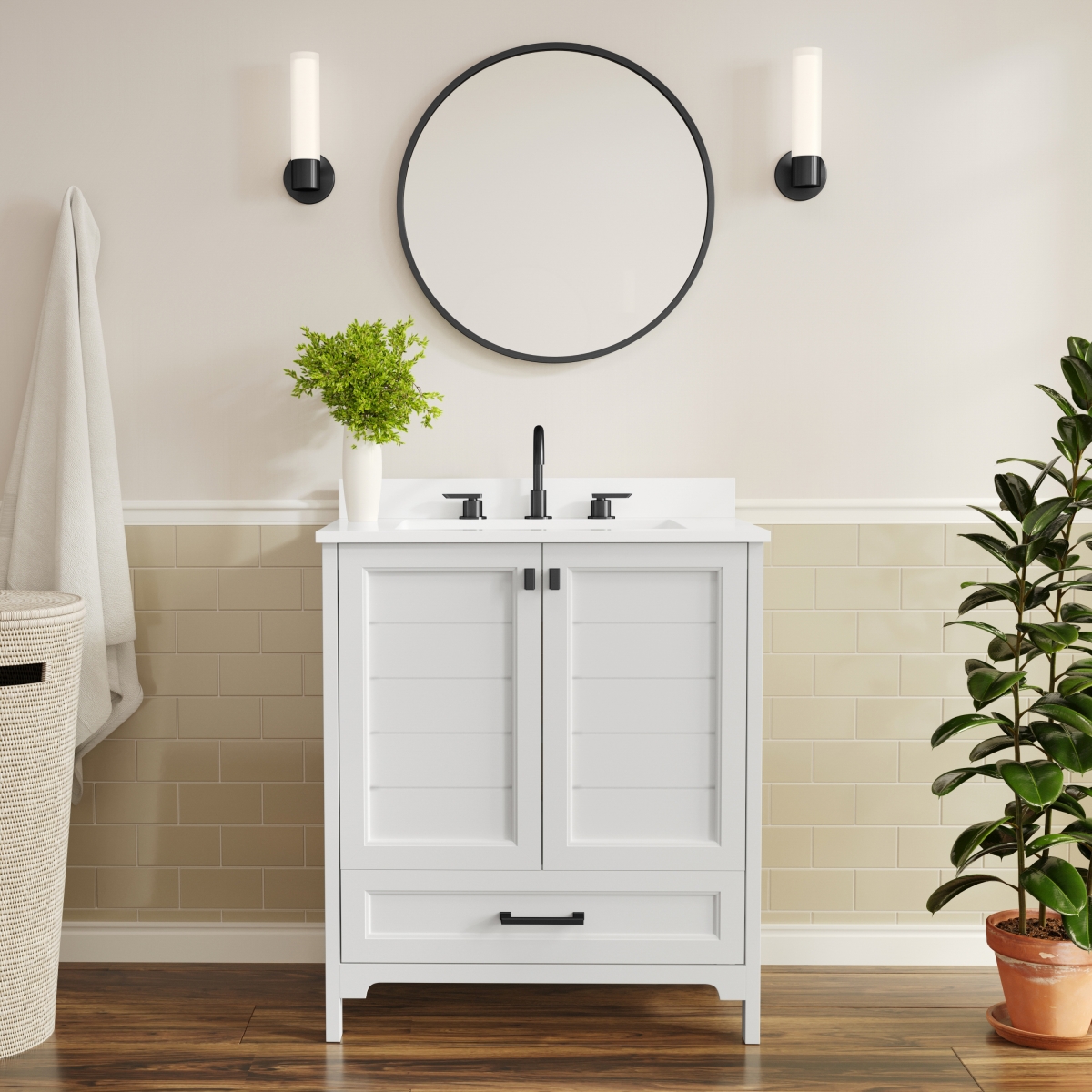 FS-BN-4-30-KD-WH-HDBLK-GG 30 in. Haven Bathroom Vanity with Sink Storage Cabinet & Black Hardware, White