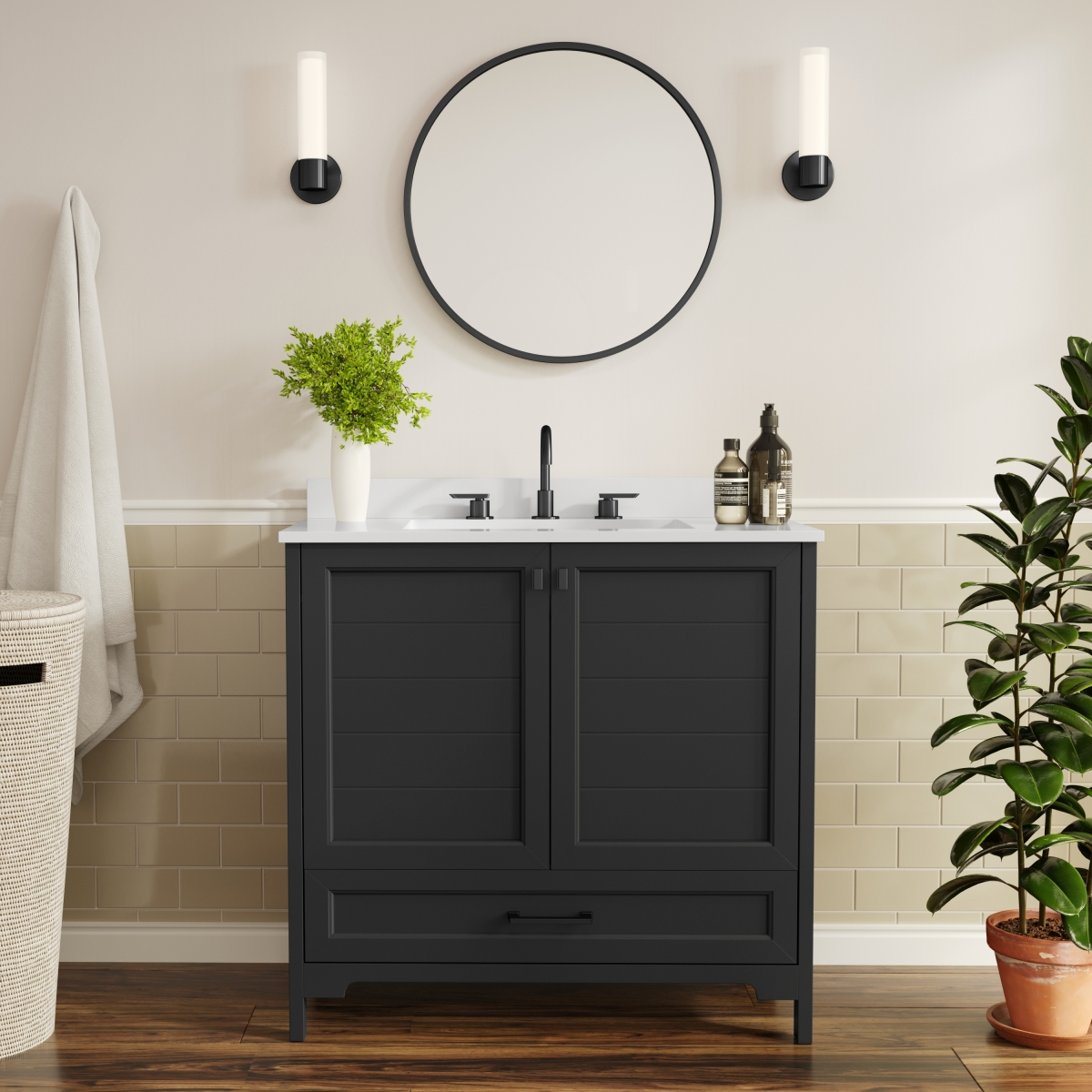 FS-BN-4-36-KD-BK-HDBLK-GG 36 in. Haven Bathroom Vanity with Sink Storage Cabinet & Hardware, Black