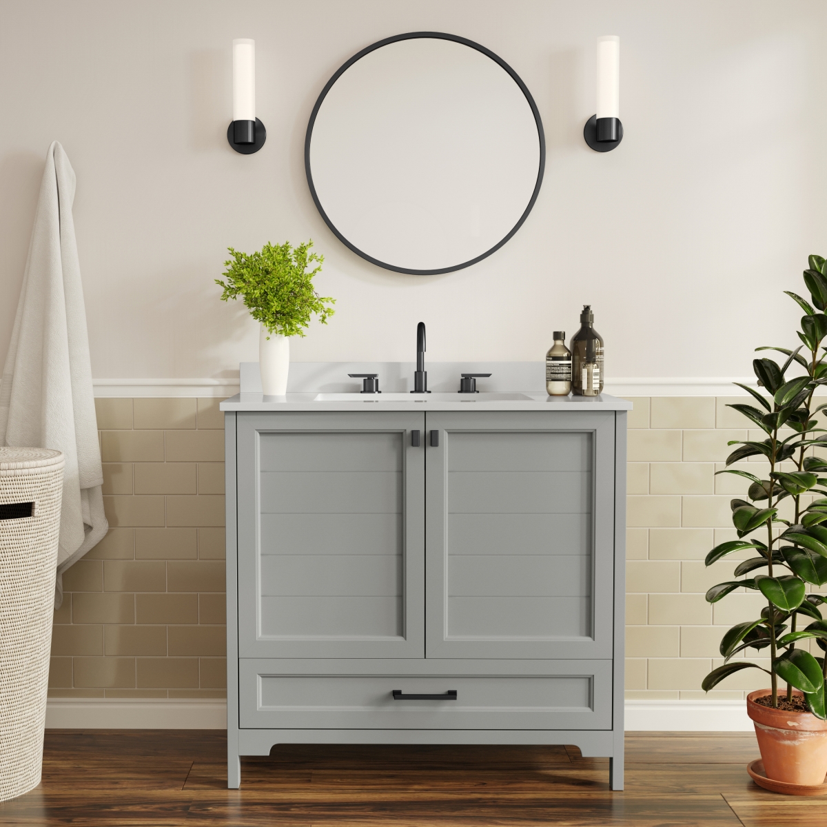 FS-BN-4-36-KD-GY-HDBLK-GG 36 in. Haven Bathroom Vanity with Sink Storage Cabinet with Black Hardware, Gray