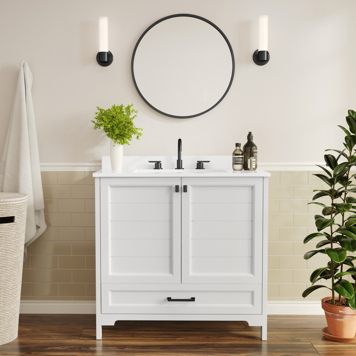 FS-BN-4-36-KD-WH-HDBLK-GG 36 in. Haven Bathroom Vanity with Sink Storage Cabinet & Black Hardware, White
