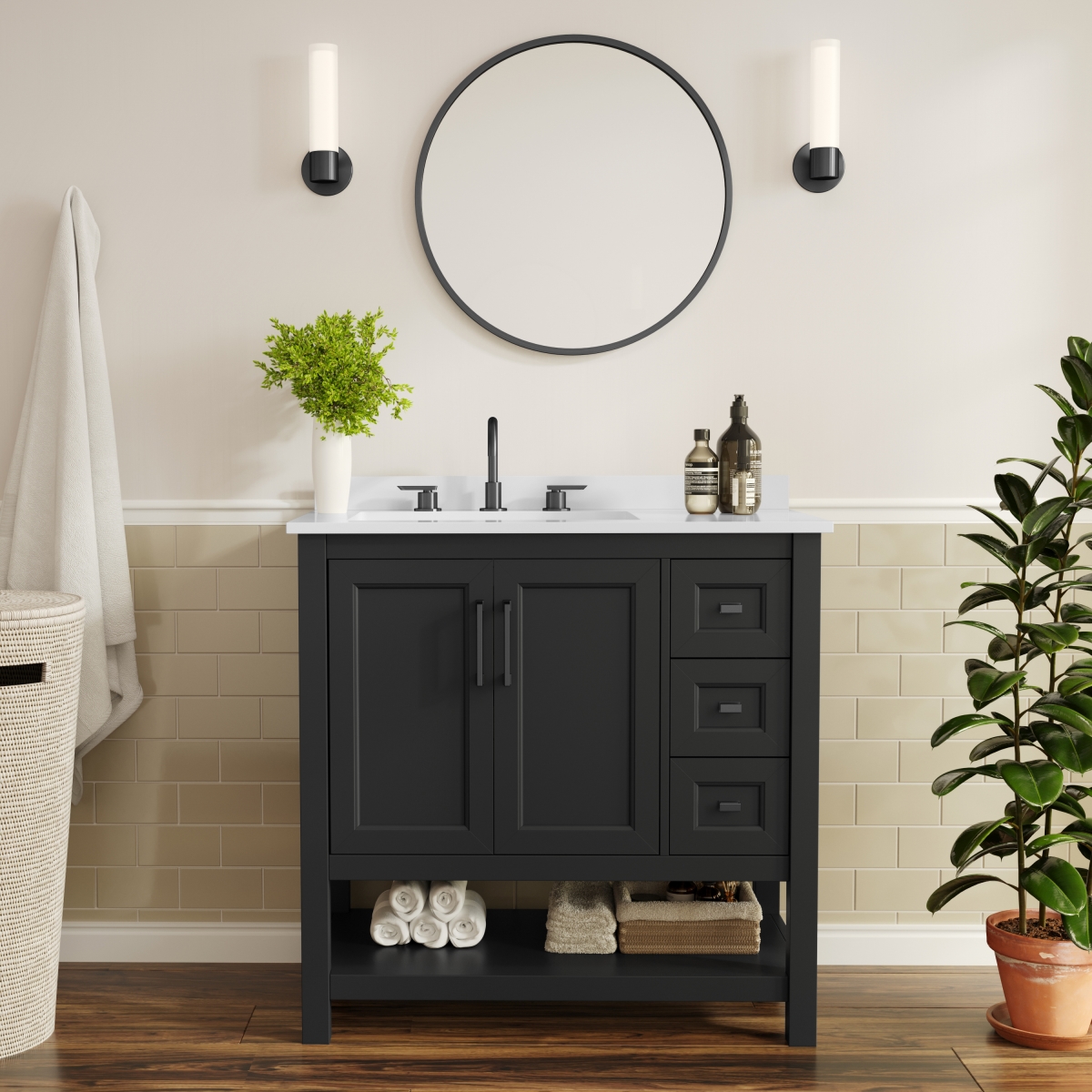 FS-VEGA36-KD-BK-GLD-HDBLK-GG 36 in. Vega Bathroom Vanity with Sink Cabinet & Hardware, Black & White
