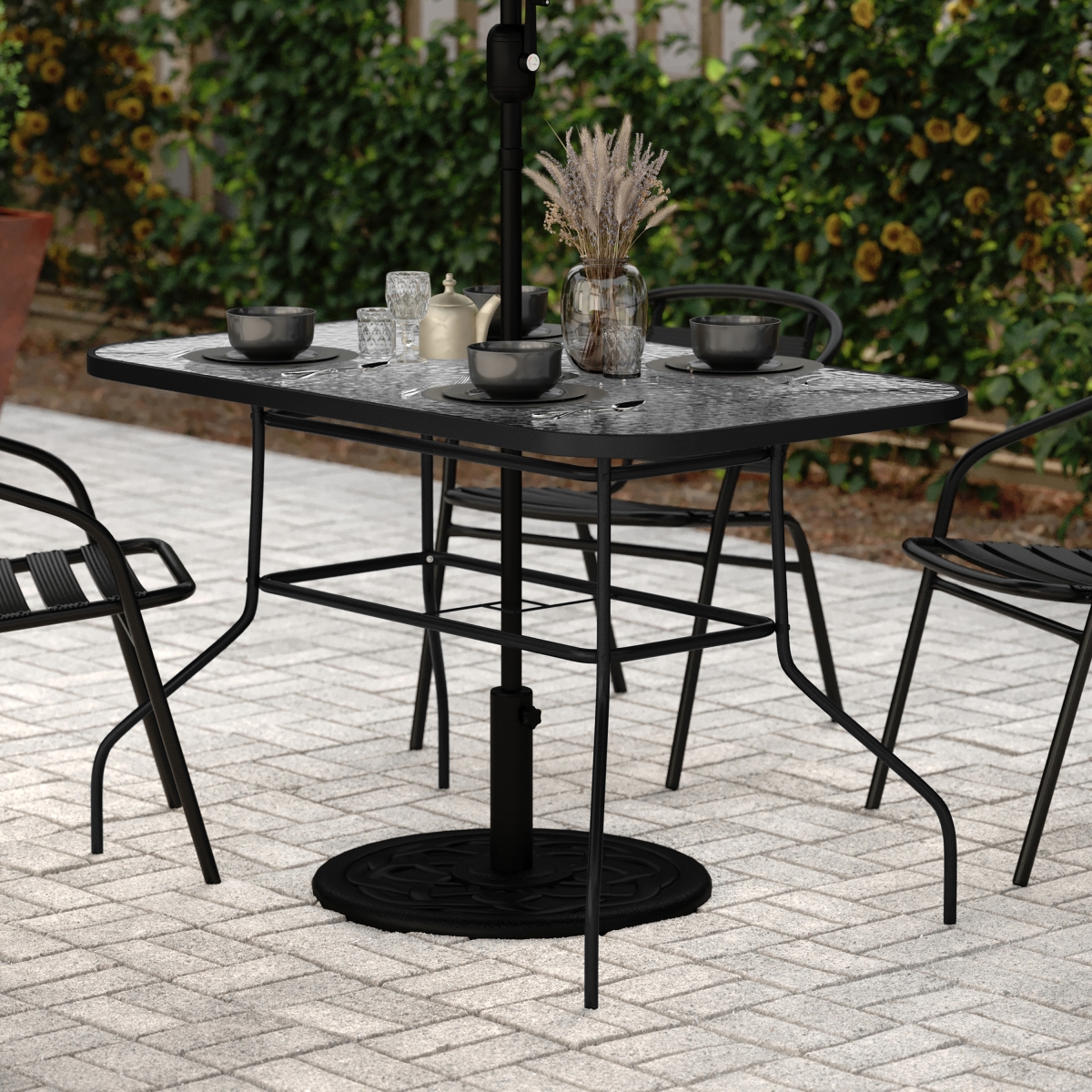 27.5 x 47.25 in. Tory Commercial Grade Rectangular Patio Table with Tempered Glass Top with Umbrella Hole & Steel Tube Frame, Black