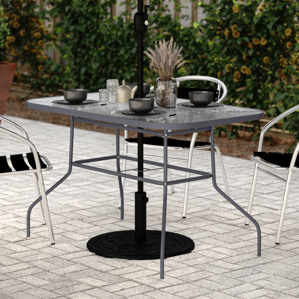 27.5 x 47.25 in. Tory Commercial Grade Rectangular Patio Table with Tempered Glass Top with Umbrella Hole & Steel Tube Frame - Silver