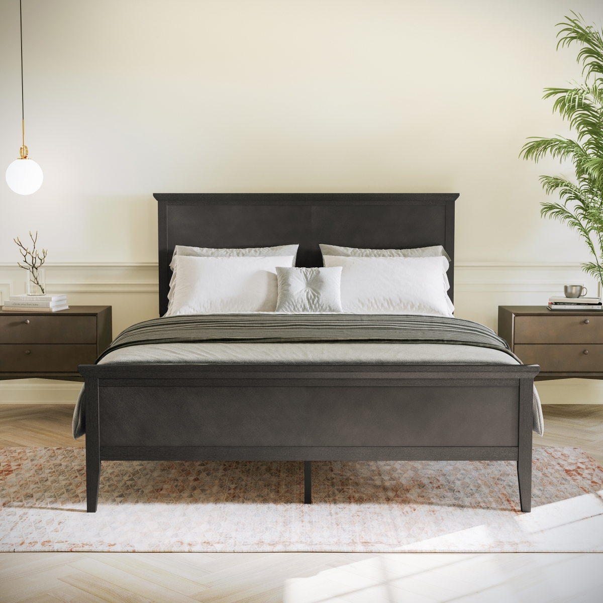 MG-0900-29-QB-DKGRY-GG Fiona Dark Gray Queen Size Solid Wood Platform Bed Frame with Headboard, Footboard & Slatted Bottom