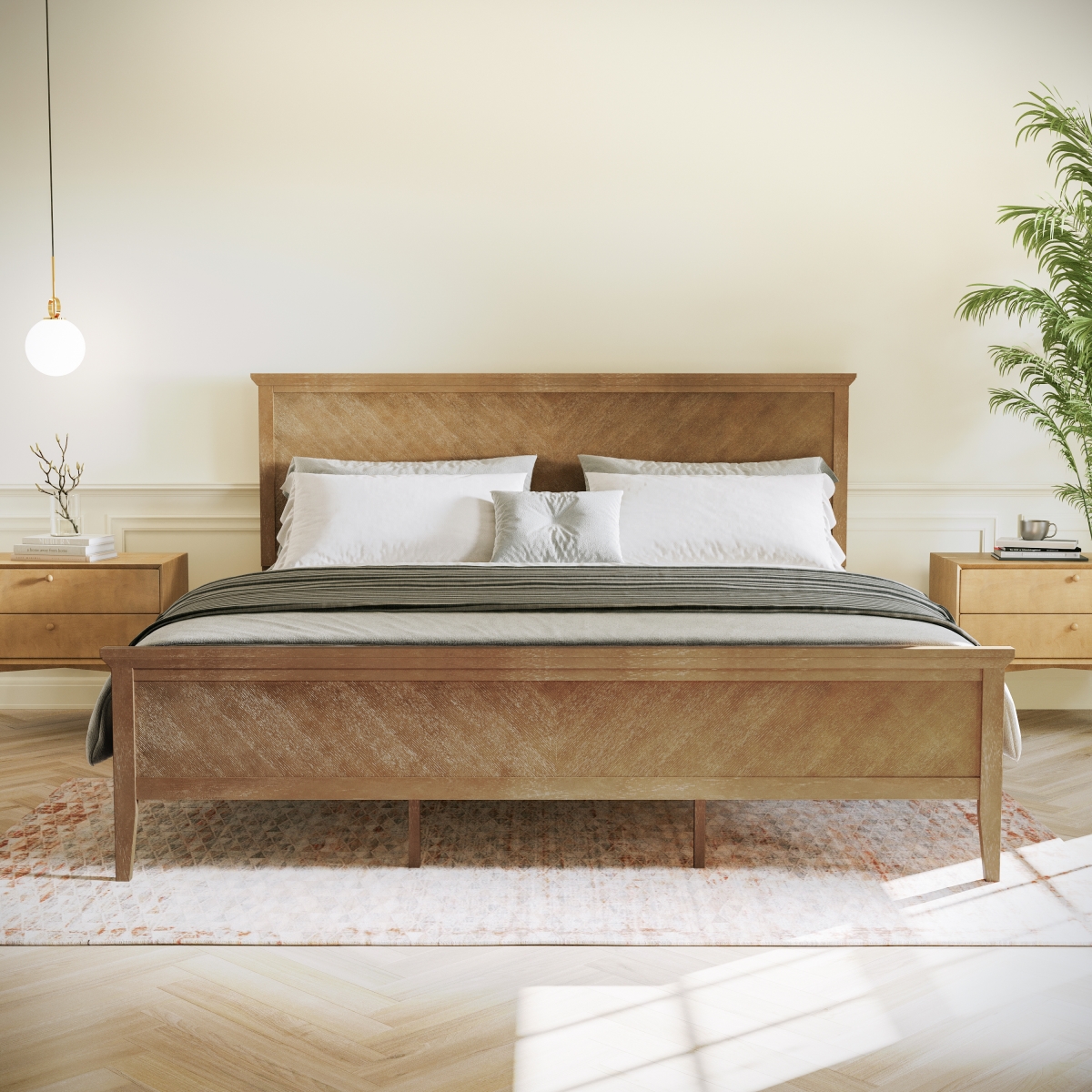 MG-0900-29-KB-ANTOAK-GG Fiona Light Brown King Size Solid Wood Platform Bed Frame with Headboard, Footboard & Slatted Bottom
