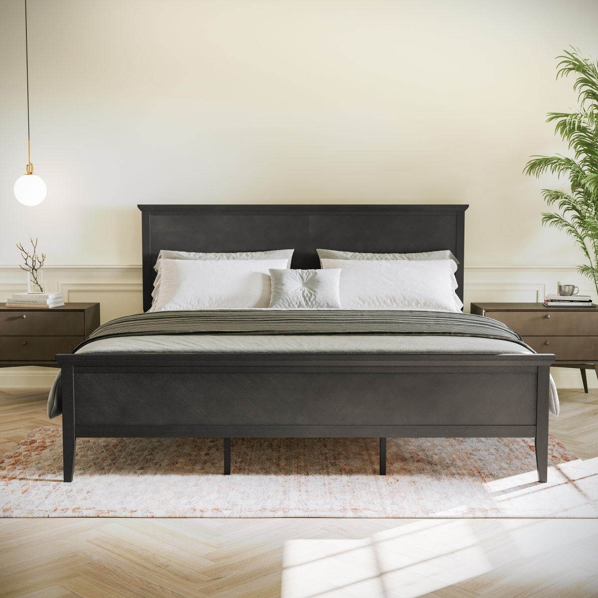 MG-0900-29-KB-DKGRY-GG Fiona Dark Gray King Size Solid Wood Platform Bed Frame with Headboard, Footboard & Slatted Bottom