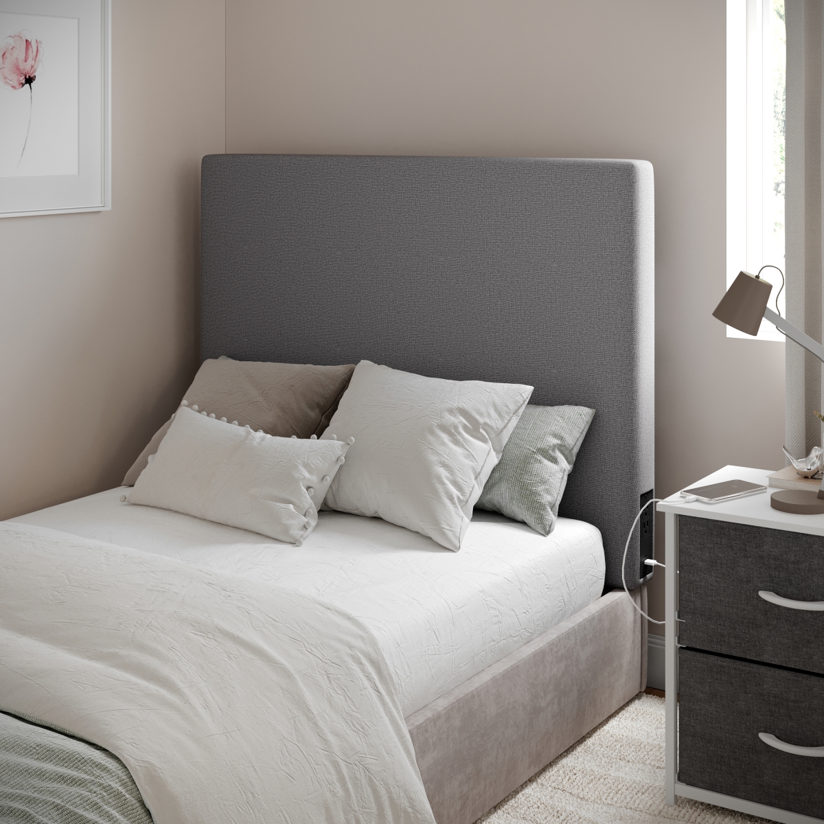 XH-8461-T-GRY-GG Hugo Twin Size Headboard with 2 Power Outlets, 1 USB & 1 USB Type-C Port - Gray
