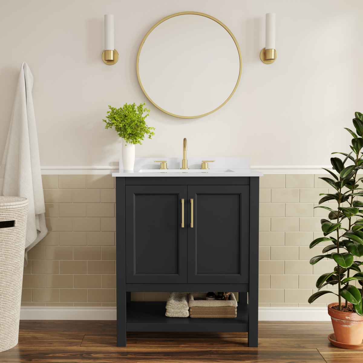 FS-VEGA30-BK-HDGLD-GG 30 in. Vega Bathroom Vanity with Sink Storage Cabinet & Soft Close Doors & Open Shelf, Black & White