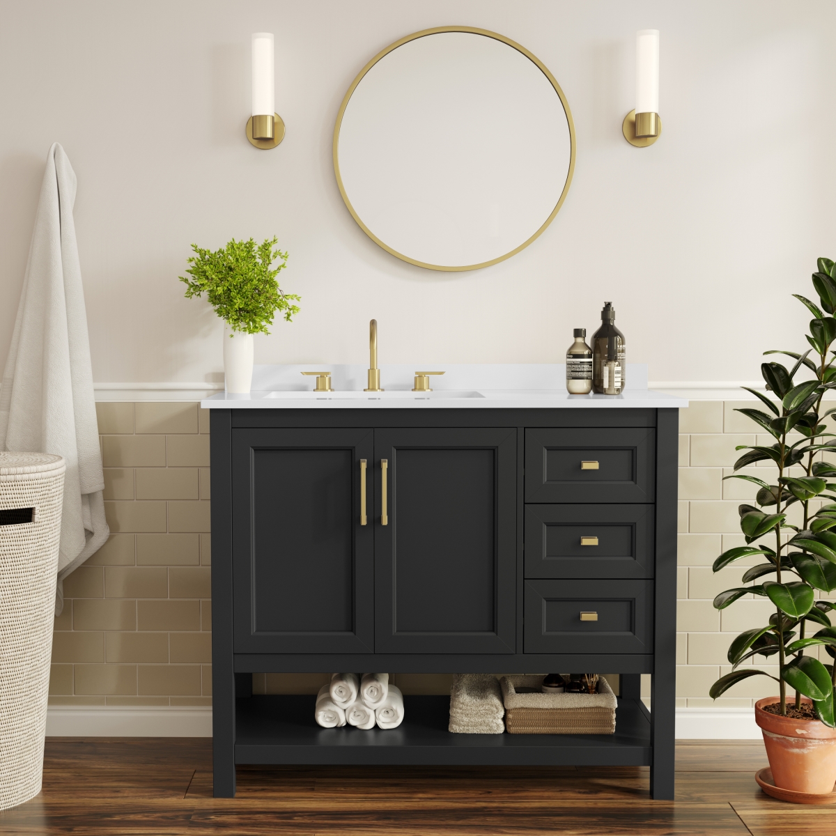 FS-VEGA42-BK-HDGLD-GG 42 in. Vega Bathroom Vanity with Sink Cabinet & Gold Hardware, Black & White