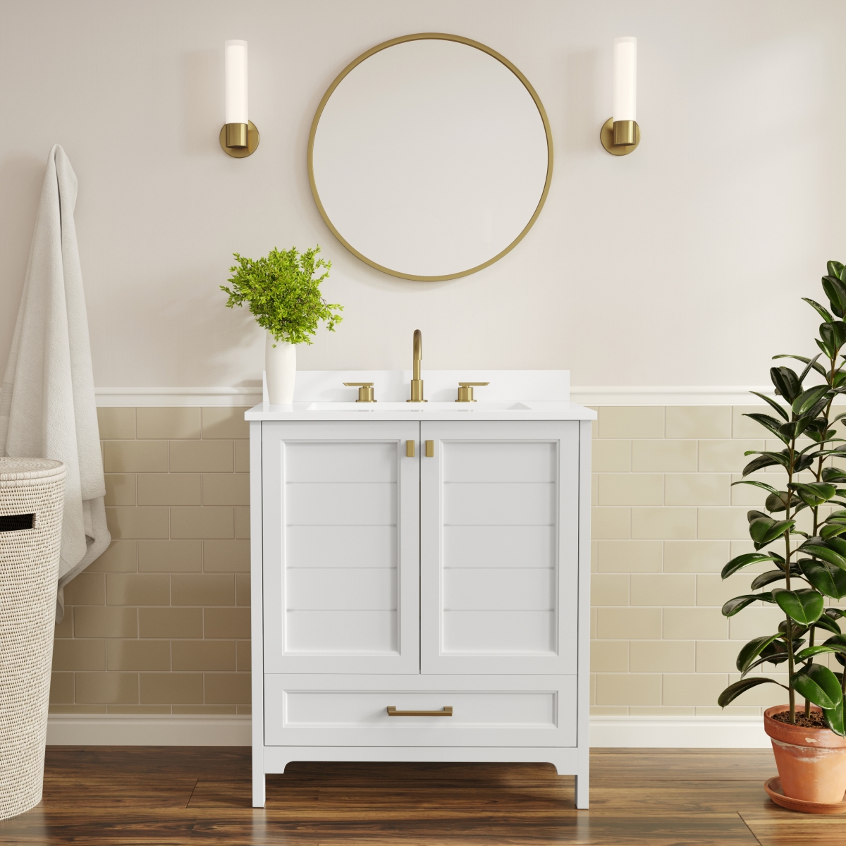 FS-BN-4-30-KD-WH-HDGLD-GG 30 in. Haven Bathroom Vanity with Sink Storage Cabinet & Gold Hardware, White