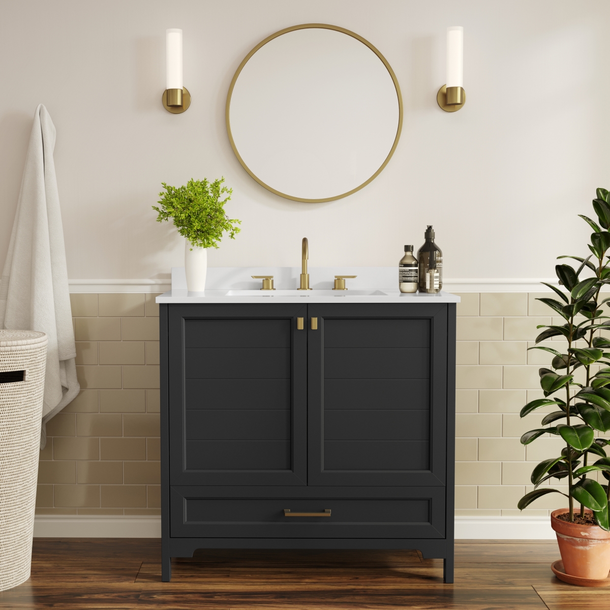 FS-BN-4-36-KD-BK-HDGLD-GG 36 in. Haven Bathroom Vanity with Sink Storage Cabinet & Gold Hardware, Black