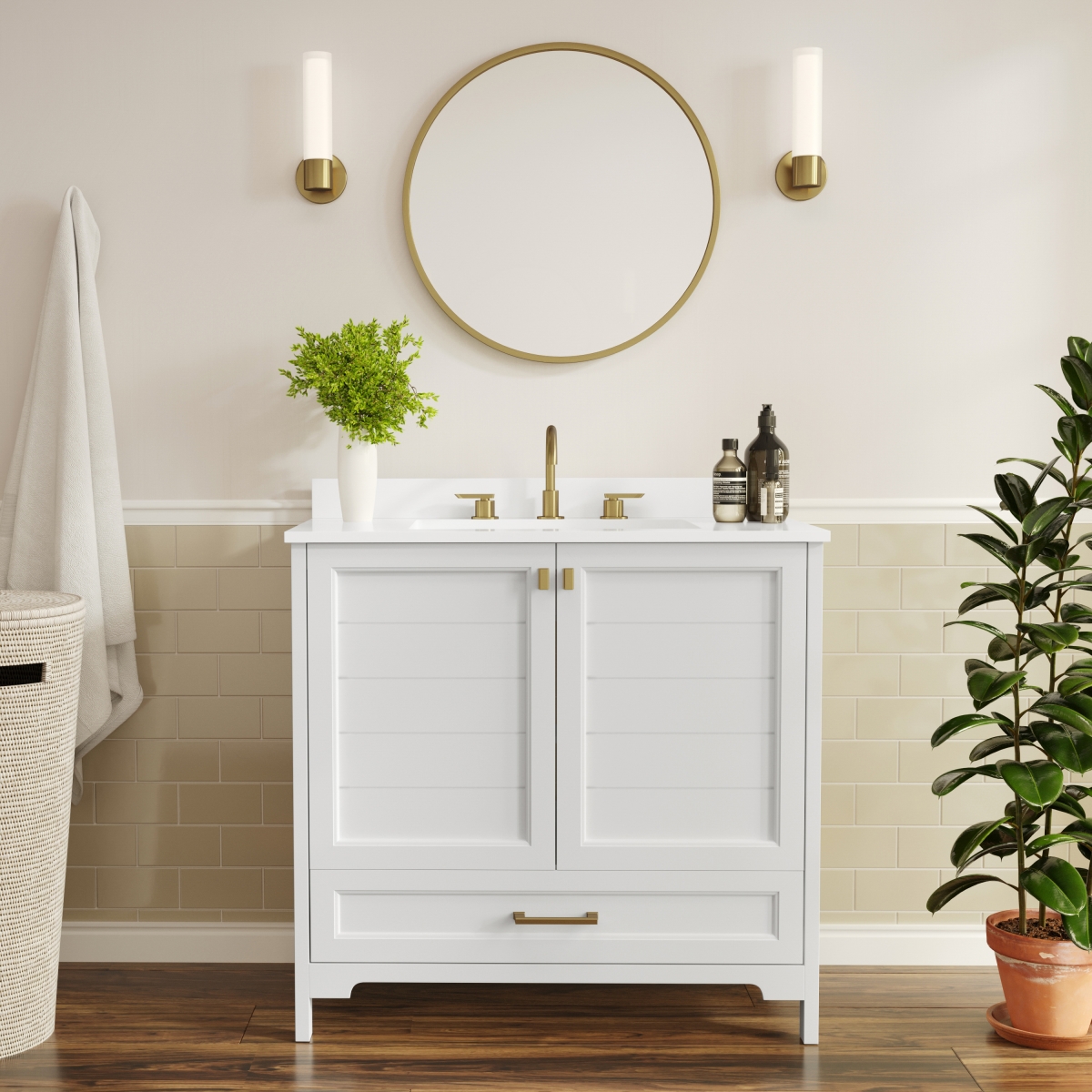 FS-BN-4-36-KD-WH-HDGLD-GG 36 in. Haven Bathroom Vanity with Sink Storage Cabinet & Gold Hardware, White