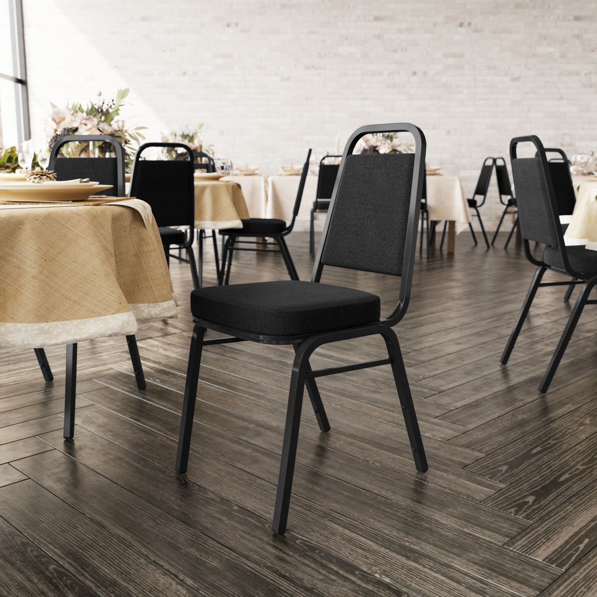 FD-BHF-1-BK-BK-GG Hercules Series Trapezoidal Back Stacking Banquet Chair with Black Fabric & 2.5 in. Thick Seat & Frame