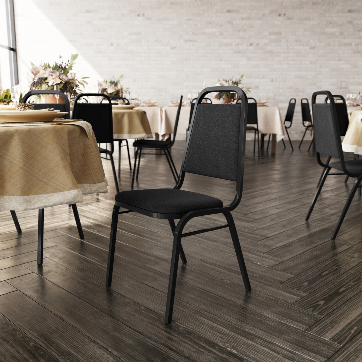 FD-BHF-2-BK-BK-GG Hercules Series Trapezoidal Back Stacking Banquet Chair, Black Fabric & Frame