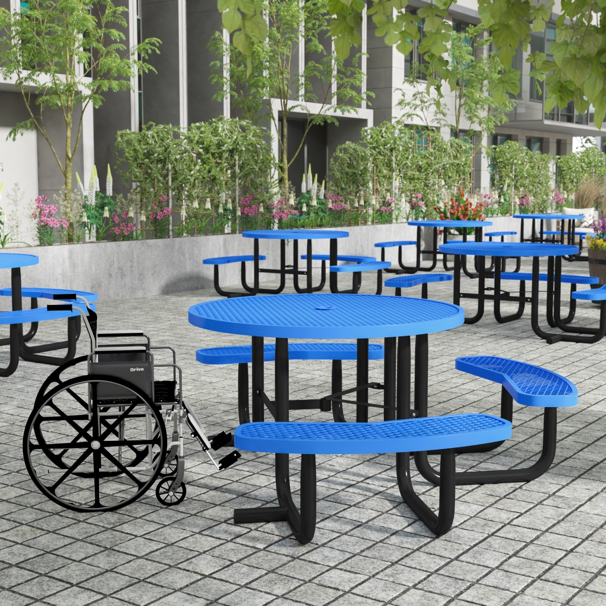 46 in. Creekside Round Wheelchair Accessible Outdoor Picnic Table with Expanded Metal Mesh Seats & Top with Umbrella Hole & Ground Anchors, Blue