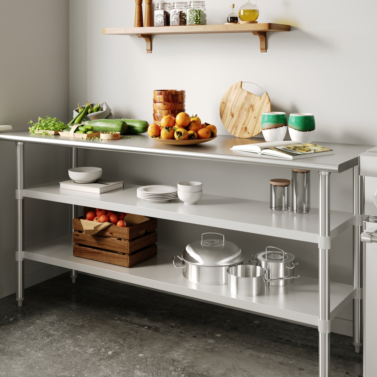 NH-GU-2472-GG 24 x 72 in. Woodford Galvanized Stainless Steel Under Shelf for Prep & Work Table with Adjustable Lower Shelf, Silver
