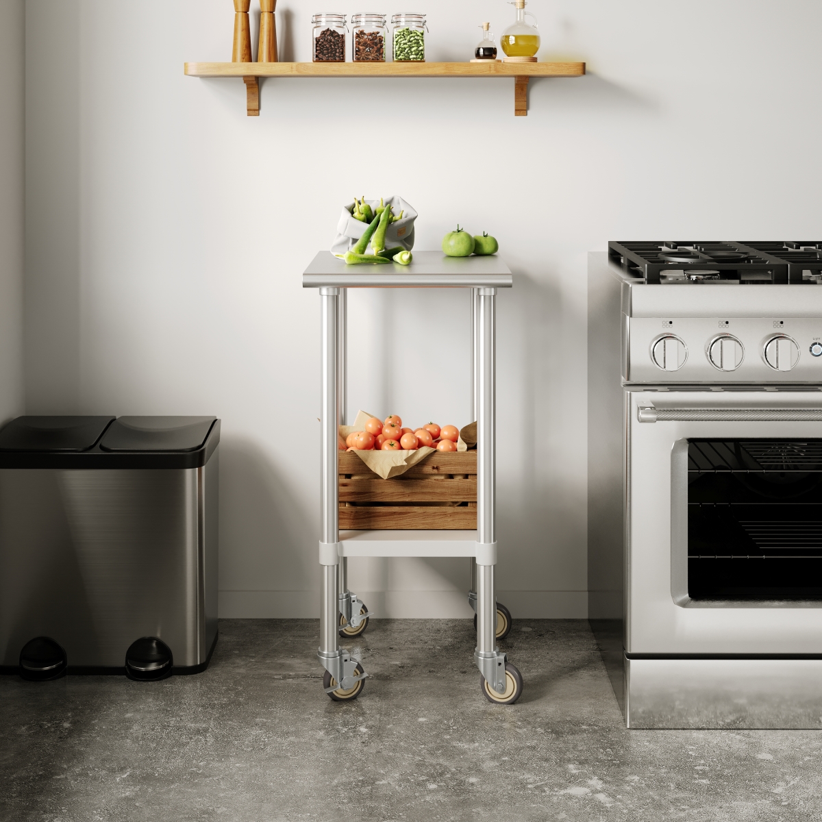 NH-WT-2418-CAS-GG 24 x 18 in. Reese Portable Prep & Work Table with NSF Certified 18 Gauge Stainless Steel Top Shelf & 2 Locking, Silver
