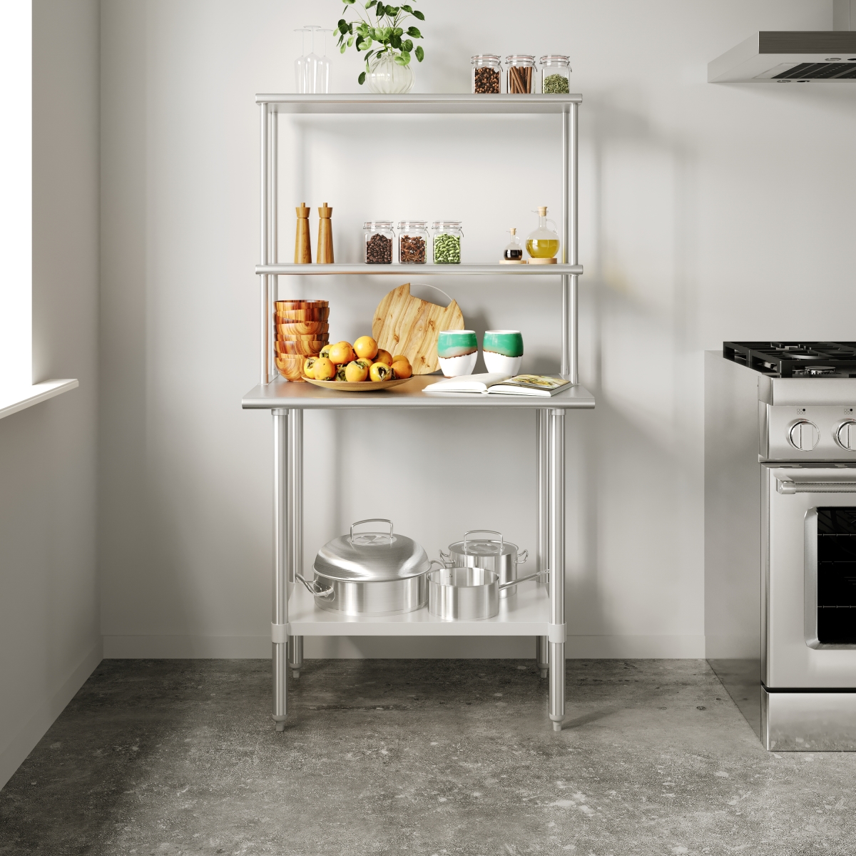 NH-WT-2436-OSH-GG 24 x 36 in. Reese Portable Prep & Work Table with NSF Certified 18 Gauge Stainless Steel Top Shelf & Double Overshelves, Silver