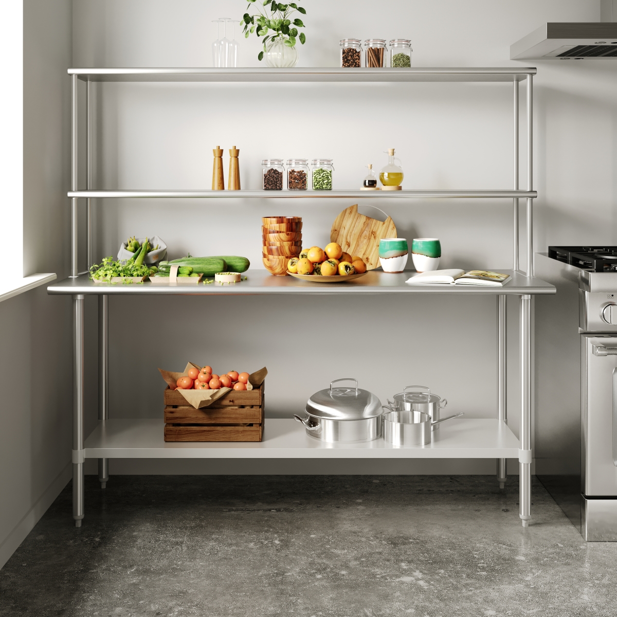 NH-WT-2472-OSH-GG 24 x 72 in. Reese Portable Prep & Work Table with NSF Certified 18 Gauge Stainless Steel Top Shelf & Double Overshelves, Silver