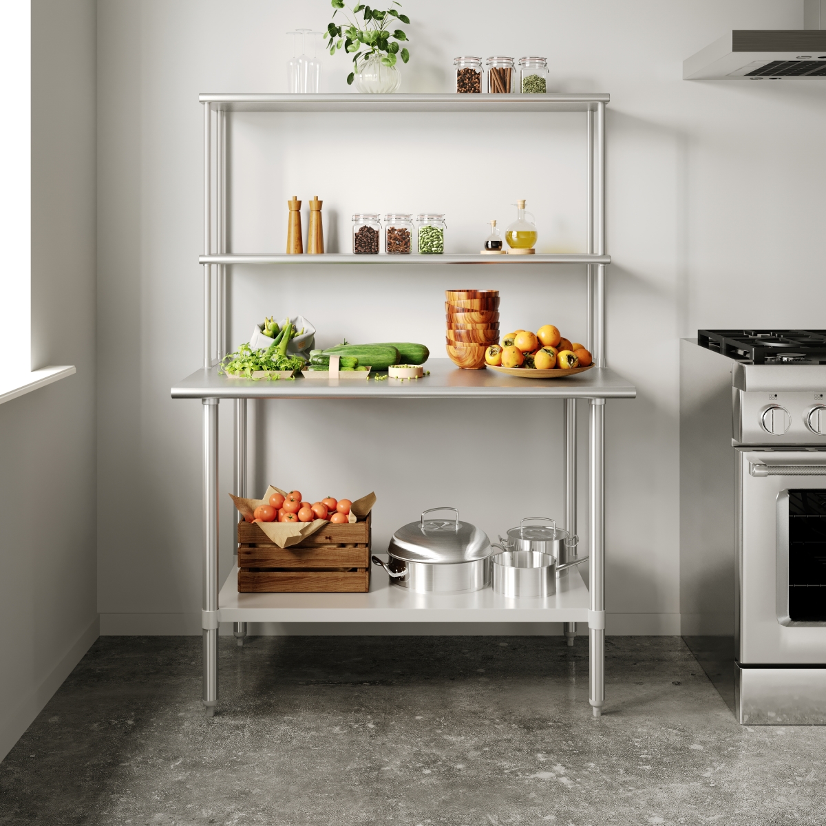 NH-WT-3048-OSH-GG 30 x 48 in. Reese Portable Prep & Work Table with NSF Certified 18 Gauge Stainless Steel Top Shelf & Double Overshelves, Silver