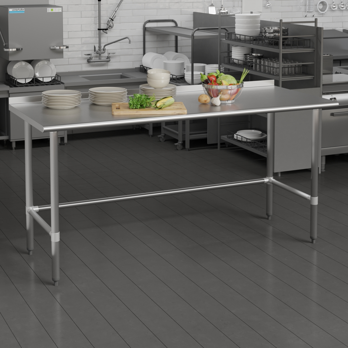 Reese Commercial Grade 430 Stainless Steel 18 Gauge NSF Certified Open Base Kitchen Prep & Work Table with 1.5 in. Backsplash - Silver