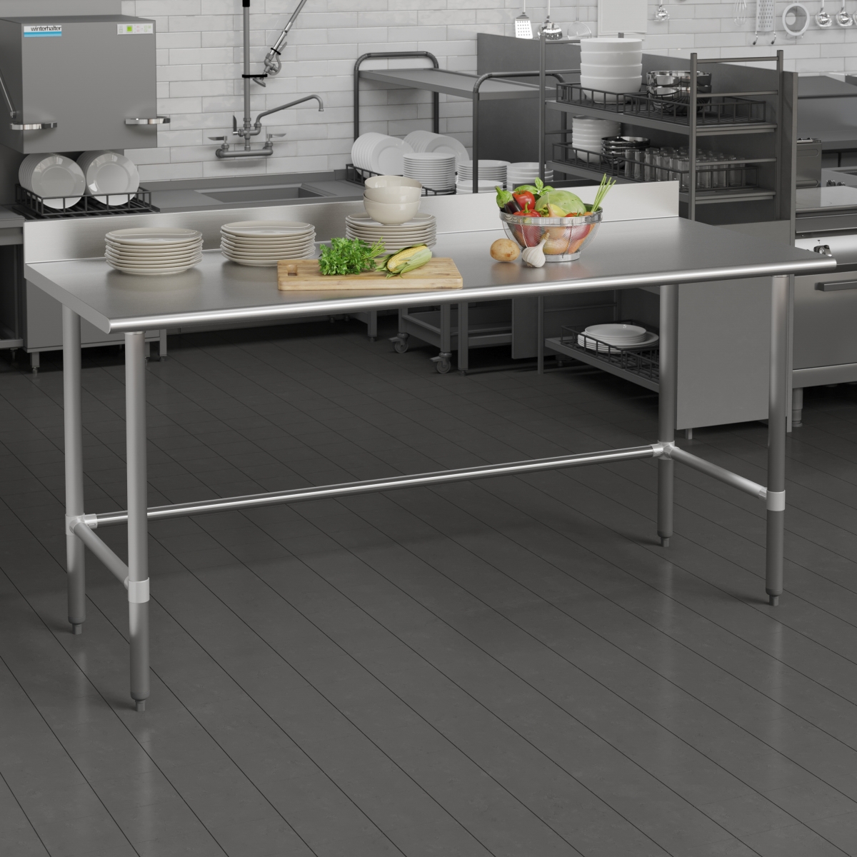 Reese Commercial Grade 430 Stainless Steel 18 Gauge NSF Certified Open Base Kitchen Prep & Work Table with 4 in. Backsplash - Silver