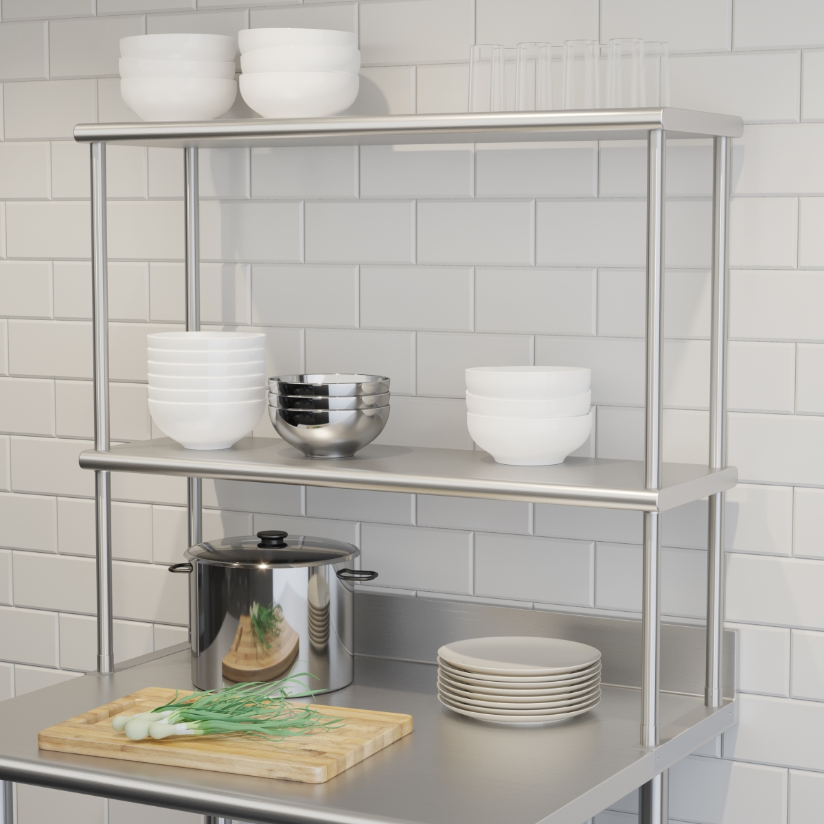 NH-OSD-1236-GG 36 x 12 in. Reese Commercial Grade 430 Stainless Steel 18 Gauge NSF Certified Metal Kitchen Double Overshelf