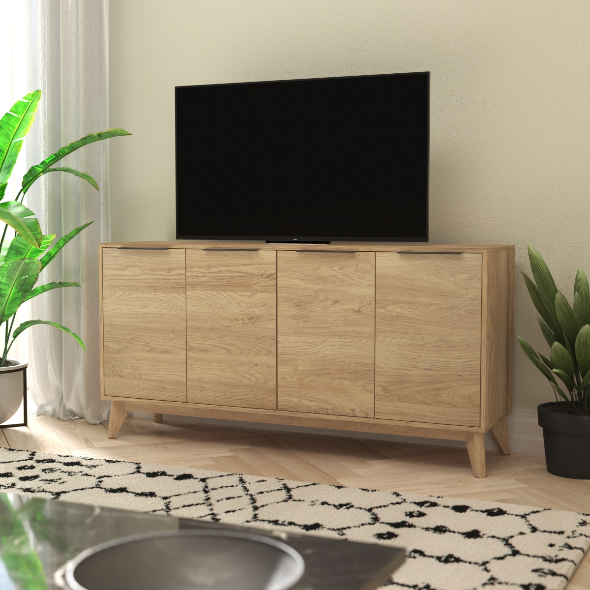 EM-0372-LTNAT-GG 60 in. Hatfield Mid-Century Modern 4 Door Storage Buffet Sideboard with 4 Soft Close Doors, Light Natural
