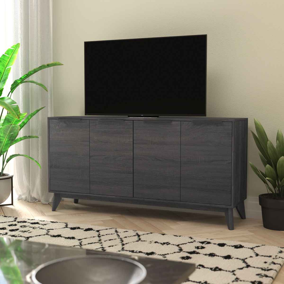 EM-0372-BK-GG 60 in. Hatfield Mid-Century Modern 4 Door Storage Buffet Sideboard with 4 Soft Close Doors & Adjustable Shelves, Black Wash