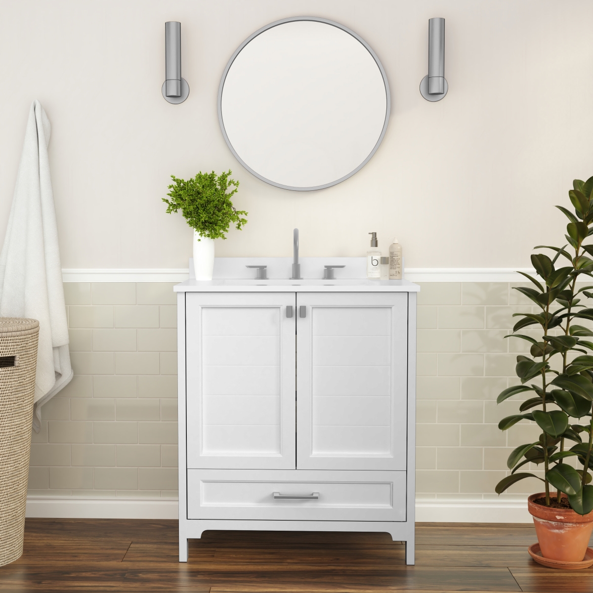 FS-BN-4-30-KD-WH-GG 30 in. Haven Bathroom Vanity with Sink Storage Cabinet & Soft Close Doors, White