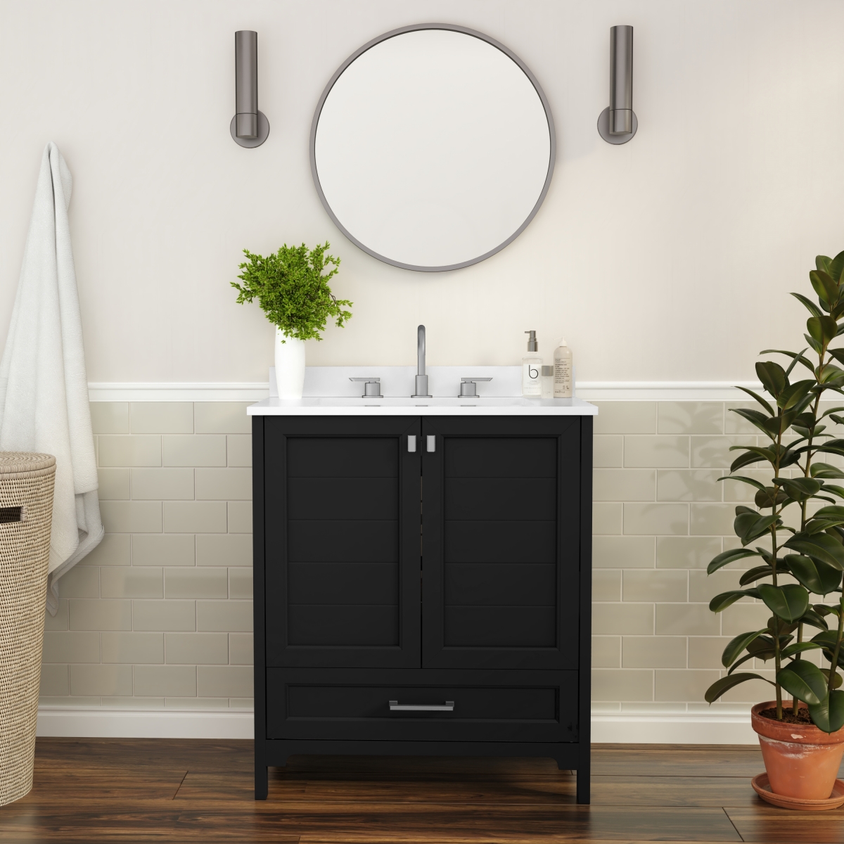 FS-BN-4-30-KD-BK-GG 30 in. Haven Bathroom Vanity with Sink Storage Cabinet & Soft Close Doors, Black