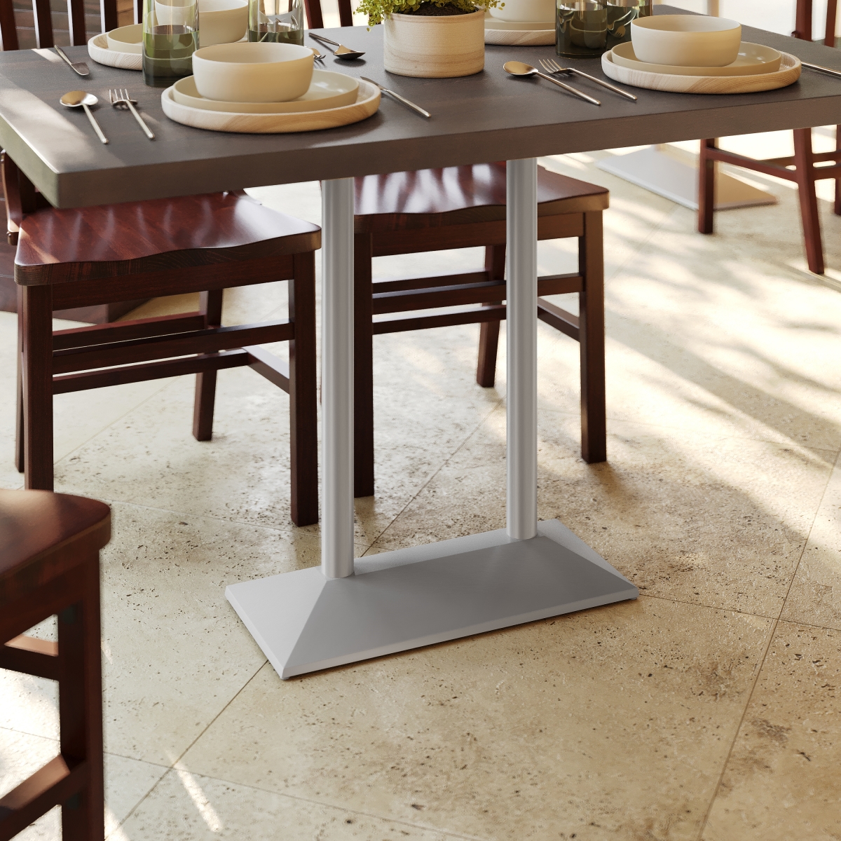 XU-DG-TB002-OUT-SLV-GG 27 x 15 in. Palis Indoor & Outdoor Dining Height Double Column Table Base for 30 x 48 in. Table Tops, Silver