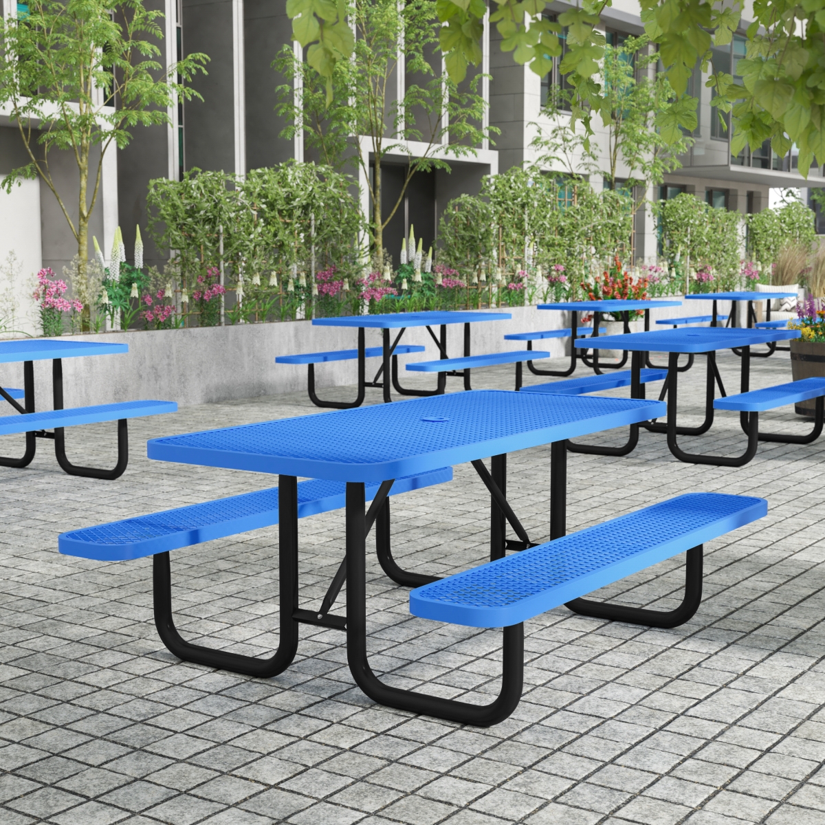 SLF-EML-72-BL-GG 6 in. Mantilla Rectangular Outdoor Picnic Table with Commercial Heavy Gauge Expanded Metal Mesh Top & Seats Steel Frame, Blue