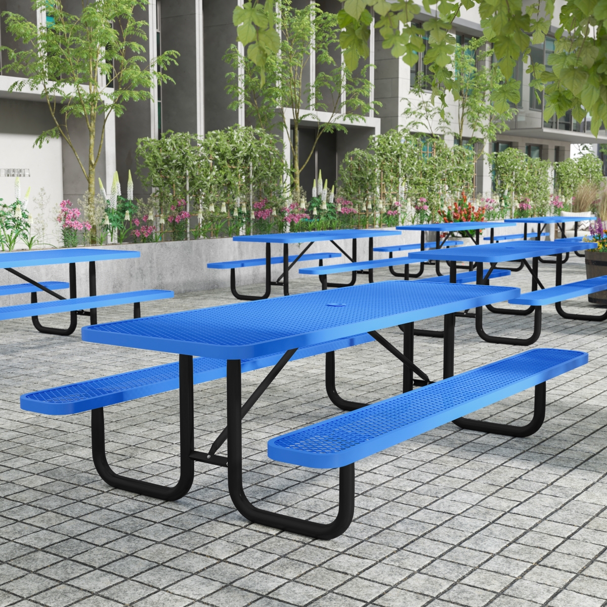 SLF-EML-96-BL-GG 8 in. Mantilla Rectangular Outdoor Picnic Table with Commercial Heavy Gauge Expanded Metal Mesh Top & Seats Steel Frame, Blue