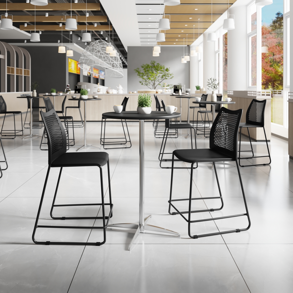 RUT-498A-CS-BK-GG Hercules Stack Counter Stool with Air-Vent Back & Powder Coated Sled Base, Black