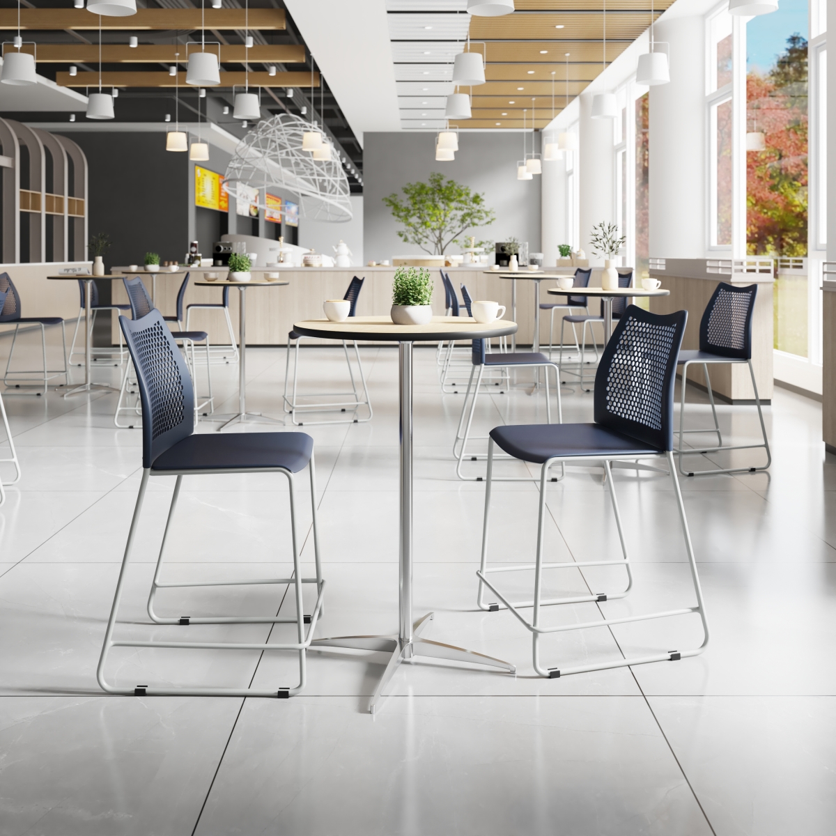 RUT-498A-CS-NV-GG Hercules Navy Stack Counter Stool with Air-Vent Back & Gray Powder Coated Sled Base