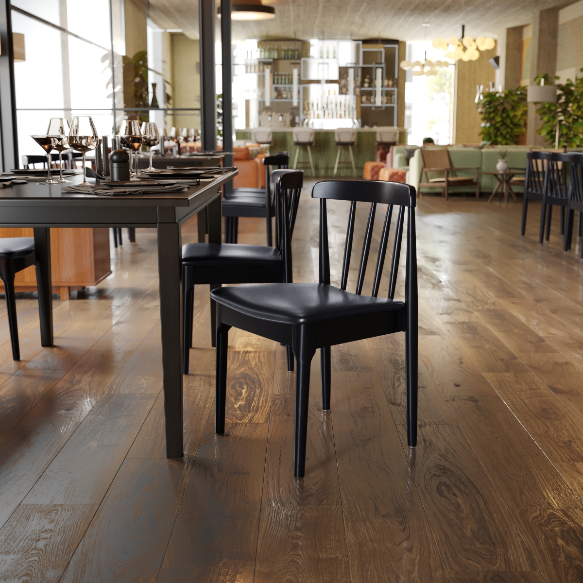 2-XU-DG-W0359-BLK-GG Chester Commercial Grade Solid Wood Dining Chairs with Curved Spindle Backrests & Vinyl Seats, Black - Set of 2