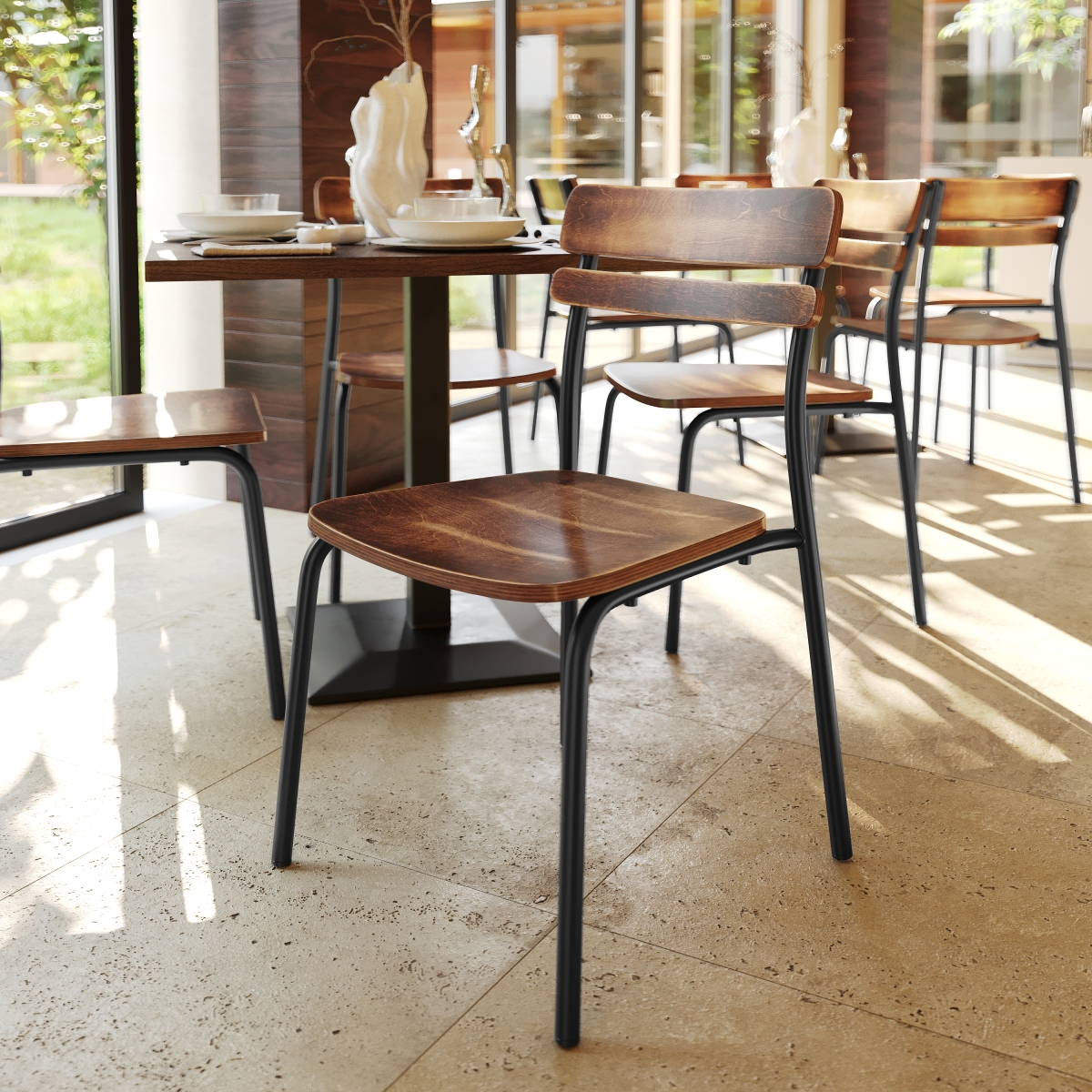 2-XU-CH10443-ANTCPR-GG Cyprus Commercial Grade Solid Wood Dining Chair with Black Metal Frames & Antique Copper - Pack of 2